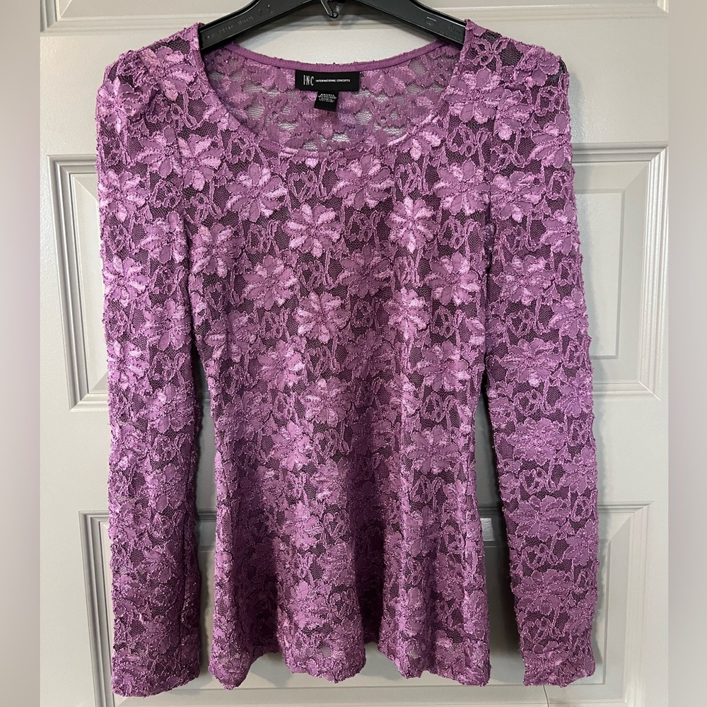 Vintage International Concepts NWT Purple Floral Lace Sheer Long Sleeve Size XS